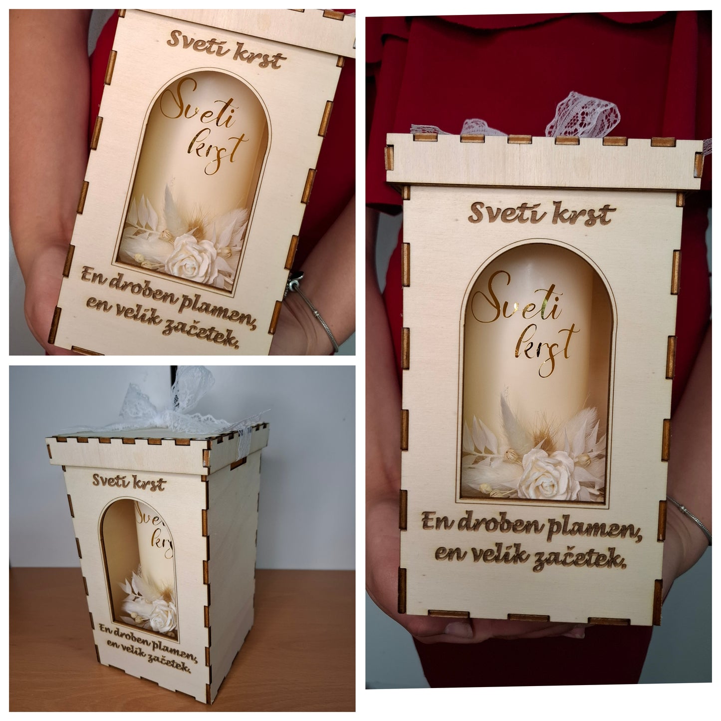 Krstna sveča s suhim cvetjem in napisom – v leseni škatli s posvetilom.